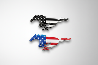 Three Mustang logos in different styles on a gray background