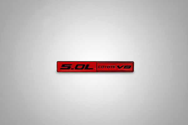 Red and black '5.0L Coyote V8' decal on a white background