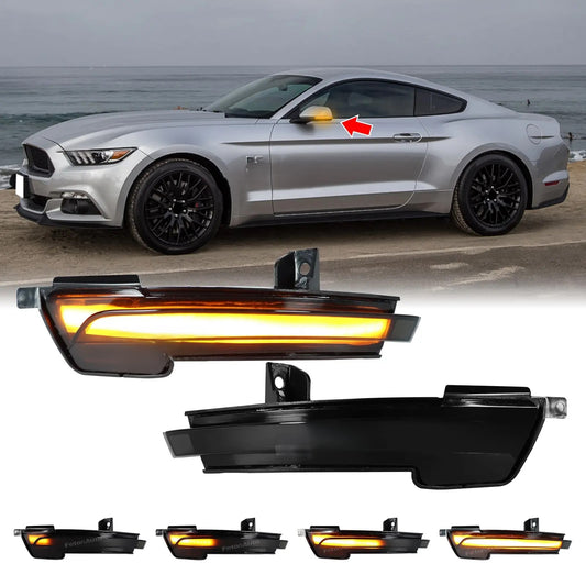 A Ford Mustang S550 (2015-2023) with the dynamic sequential mirror turn signal indicator LEDs highlighted on the left side.