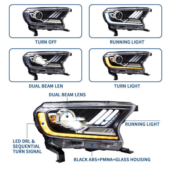 2015-2021 FORD RANGER MUSTANG STYLE SEQUENTIAL LED HEADLIGHTS